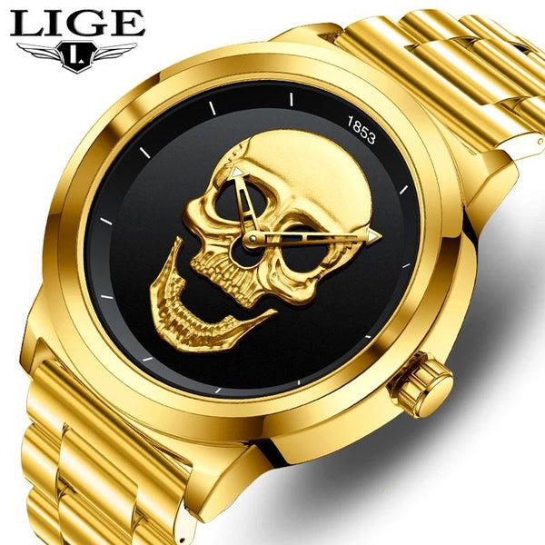 2023 LIGE Hommes Montres Top Marque Grand Sport 3D Crâne Montre De Luxe Hommes Militaire En Acier Quartz Montres Or Conception Mâle Horloge pour Homm