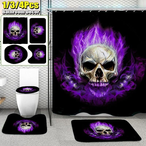4-3-1 Pcs Bathroom Decoration Purple Flame Skull Bathroom Shower Curtain Toilet Seat Cushion Non-slip Carpet Set Waterproof Shower Curtain with 12 Ho