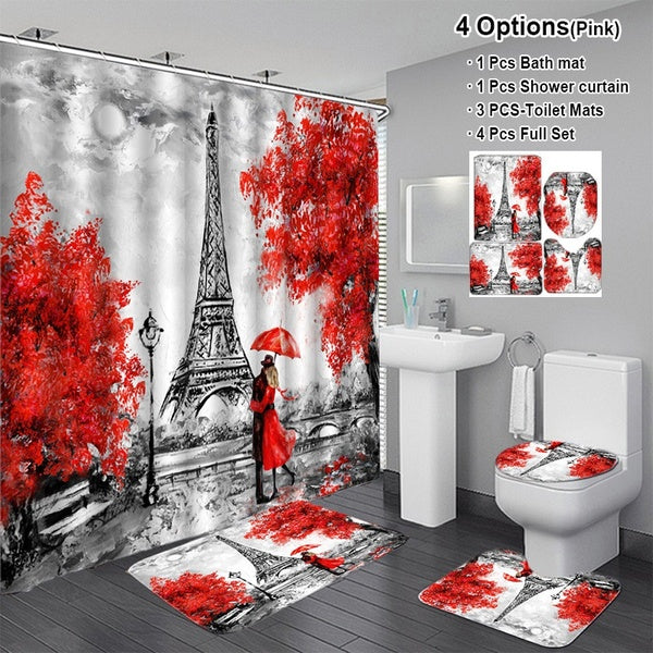 1-3-4Pcs 3D Paris Tower Bathroom Non-slip Mat Set Waterproof Print Shower Curtain(120x180cm-150x180-180x180cm-180x200cm) Toilet Lid Cover Bath Mat Ru