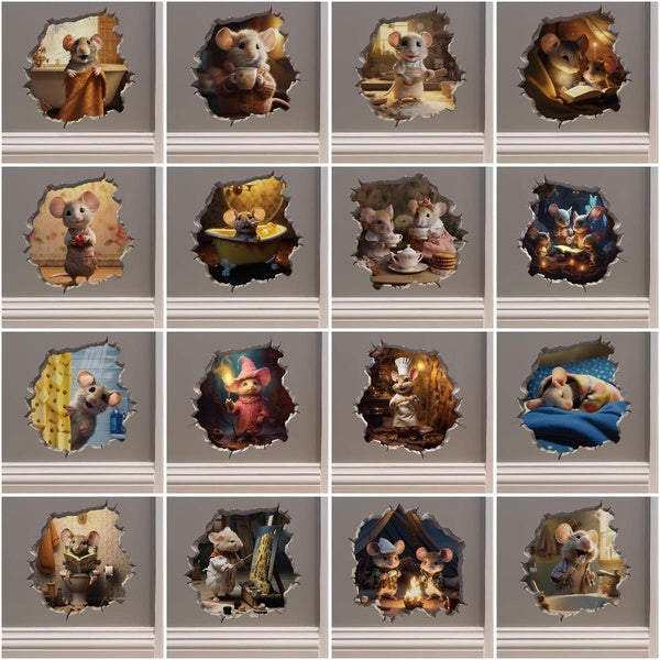 Mouse Sitting on Toilet in Mouse Hole Decal - Mouse Hole 3D Wall Sticker