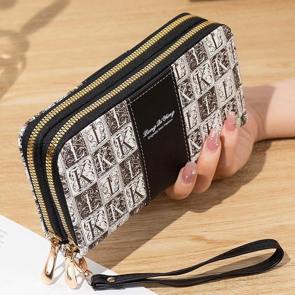 Dame sacs à main Double fermeture éclair en cuir PU femmes portefeuilles lettres sac à main bonne qualité femme portefeuille cartes titulaire Long Mo