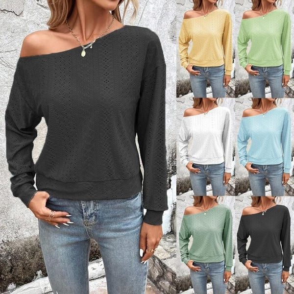 Women's Off Shoulder Tops Fashion Casual Solid Long Sleeved Hollowed Out T-shirt Ladies Cute Blouses Shirts