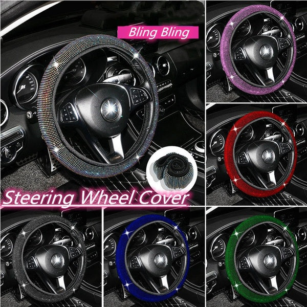 8 Colors Bling Bling Steering Wheel Cover for Car, Crystal Studded Elastic Steering Wheel Protective Cover Universal Fit 38CM