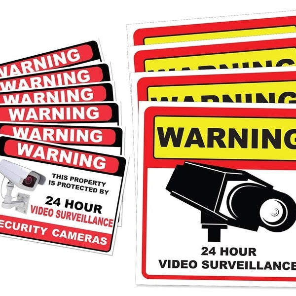 Video Surveillance Camera Sticker Sign - 10 Pack Decal - Home Business Alarm System Stickers - (4)5½" x 5½" & (6)3" x 4" - Adhesive Under 24 Hours Se