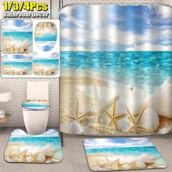1-3-4 Pcs Bathroom Decor Beach Seashell Print Waterproof Shower Curtain Toilet Cover Mat Non-Slip Floor Mat Rugs Set