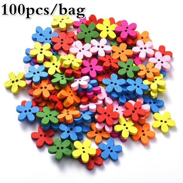 100pcs 14x15mm 2-hole Mixed Flower Wooden Decorative Buttons Suitable for Sewing Clip Arts and Crafts Multicolor