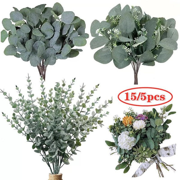 15-5PCS Artificial Eucalyptus Leave Greenery Stems with Frost for Vase Home Party Wedding Decoration Outdoor DIY Flower Wall Decor