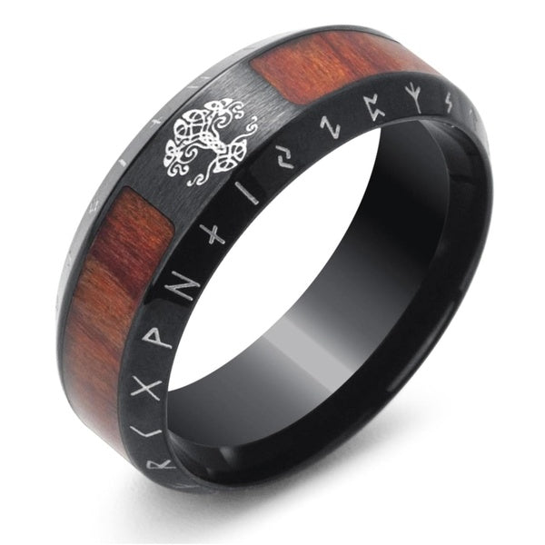 Vintage Classical Wood Grain Design Carbon Fiber Inlay Scandinavian Style Norse Mythology Viking Runes Yggdrasil Titanium Stainless Steel Ring Mens W