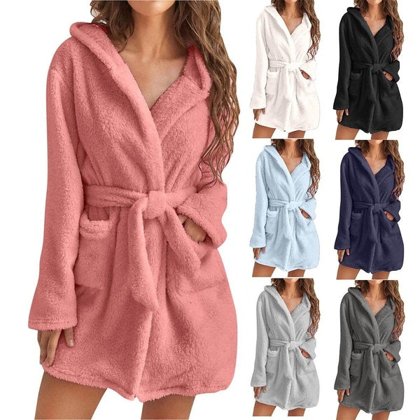 New Women's Autumn and Winter Solid Color Warm Cardigan Lapel Big Pocket Lace-Up Plush Bathrobe Ladies Mid-Length Hooded Home Long Sleeve Sleepwear
