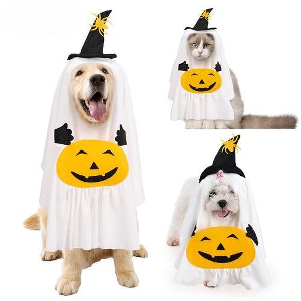 Halloween Ghost Dog Costume Set Dog White Ghost Costumes for Dogs Cats Halloween Dog Cosplay Pumpkin Candy Pocket Felt Trick or Treat Bags for Cats S