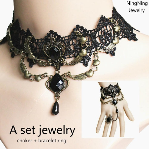 Vintage Style Gothic Lolita Black Lace Gemstone Antique Bonze Heart Wing Pendant Choker Necklace Bracelet Ring Jewelry Set Girl Party Wedding Jewelry
