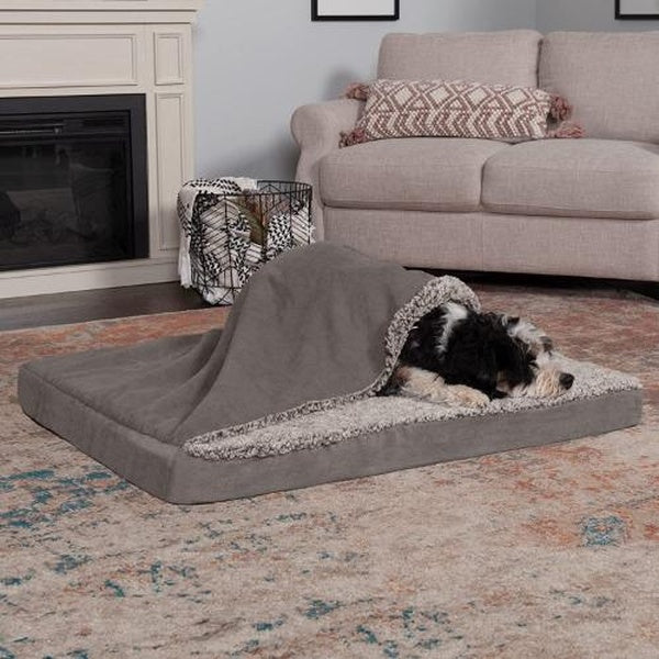Calming Dog Beds Cat Cave Bed with Hooded Cover Washable Square Beds for Small Medium Pets Anti-Slip Faux Fur Fluffy Coved Bed Comfortable Warming Pe