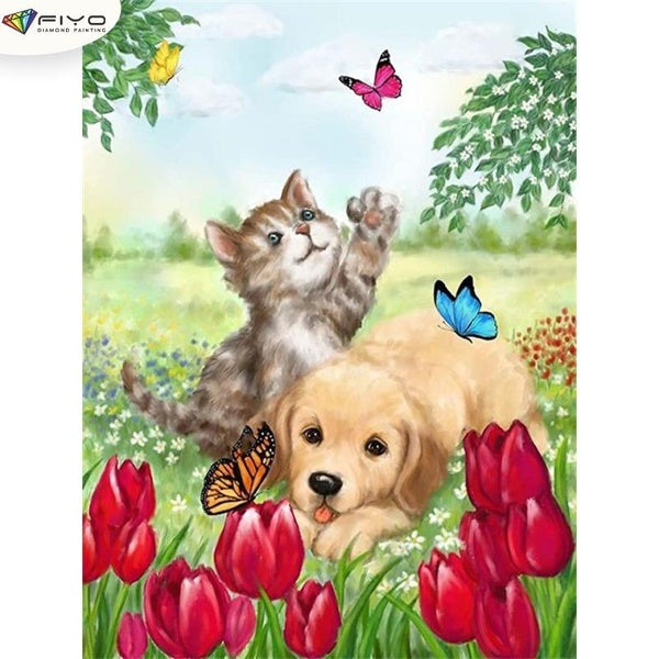 FIYO Cats and Dogs DIY 5D Diamond Painting Full Drill with Number Kits Home and Kitchen Fashion Mosaic Diamond Painting Canvas Wall Decoration Gift C