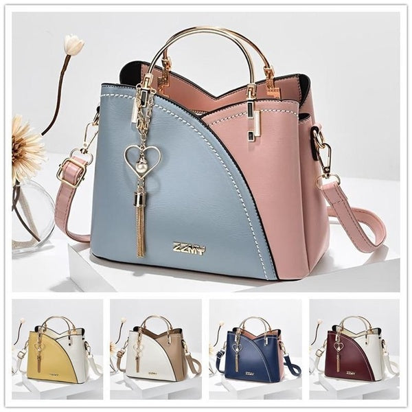 Sac cartable à blocs de couleurs, sac à bandoulière à décor de glands en métal à la mode, sac à main pour femmes (9,1 * 7,5 * 4,5) pouces