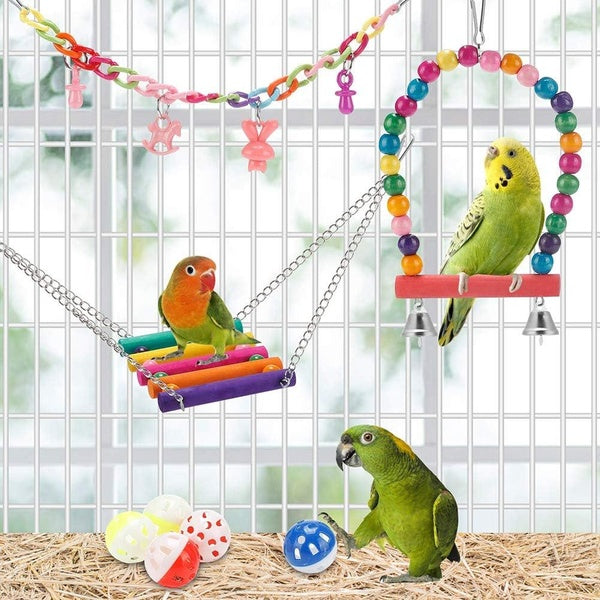 11PCS Set Combination Parrot Bird Toys Wood Articles Bite Pet Bird Toys for Parrot Training Bird Toy Swing Ball Bell Standing
