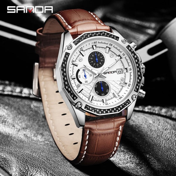 SANDA Top Marque De Luxe Militaire Bracelet En Cuir Hommes Montres De Mode Chronographe Quartz Montre-Bracelet De Mode Calendrier Chronographe Montre