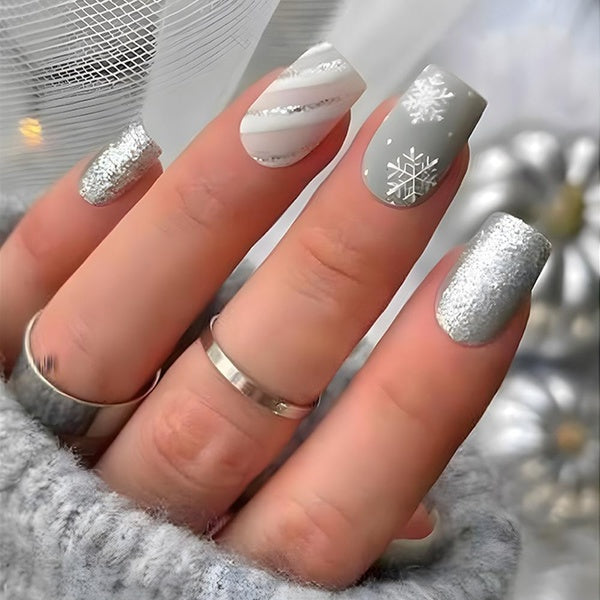 24 Pcs Glossy Long Square Press On Nails Silver Gray Christmas Pattern Fake Nails With Glitter Reusable False Nails