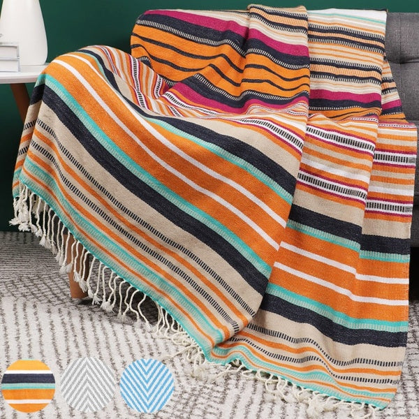 Boho Fringes Striped Throw Blanket Tassel for Sofa Couch Cover Bed Tapestry Outdoor Wraps, Rainbow-Herringbone Moroccan