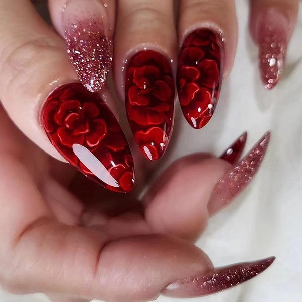 Red Flower Full Cover Fake Nails French Long Style Glitter Powder False Nails Halo Stained Oval Wearable Nails Solid Color Almond Fake Nails With Glu