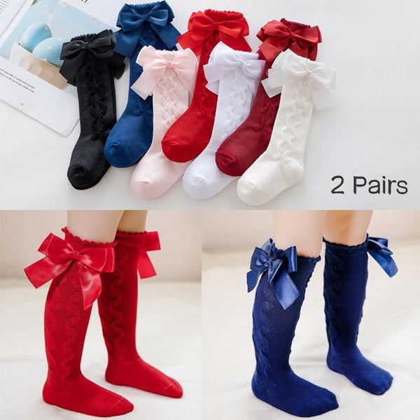 2 Pairs Kids Socks Toddlers Girls Big Bow Knee High Long Soft Autumn Winter Cotton Lace Baby Tube Sock Calcetines