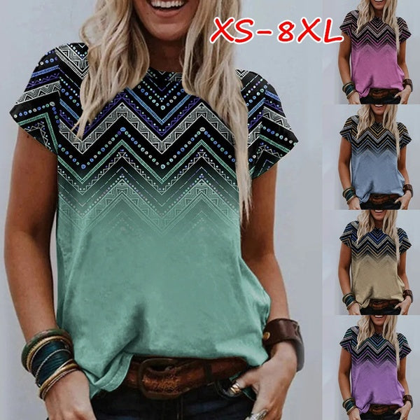 NEW Women's Fashion Summer Clothes Casual O-neck Short Sleeved Tops Ladies Geometric Printed Blouses Loose T-shirts Plus Size Cotton Shirts T shirts
