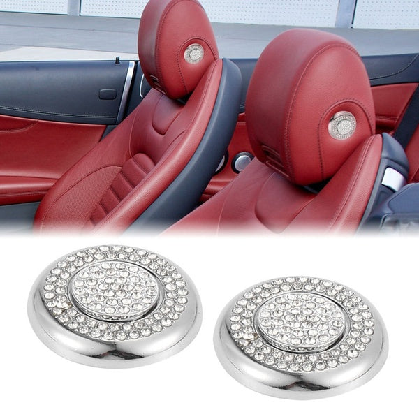 1 Pair Car Interior Bling Rhinestone Seat Pillow Headrest Button Cover Decal for Mercedes-Benz C E Class GLC CLS Silver Tone