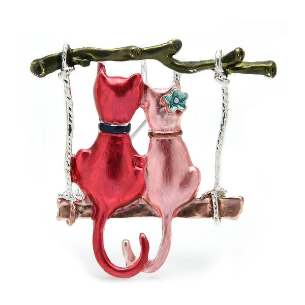 Couple Cats Brooches For Women Enamel Cartoon Swinging Cat Animal Party Casul Brooch Pins