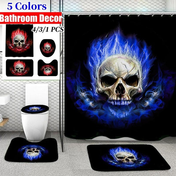 Flame Skull 5 Colors options Bathroom Decoration Bathroom Shower Curtain Toilet Seat Cushion Non-slip Carpet Set Waterproof Shower Curtain with 12 Ho