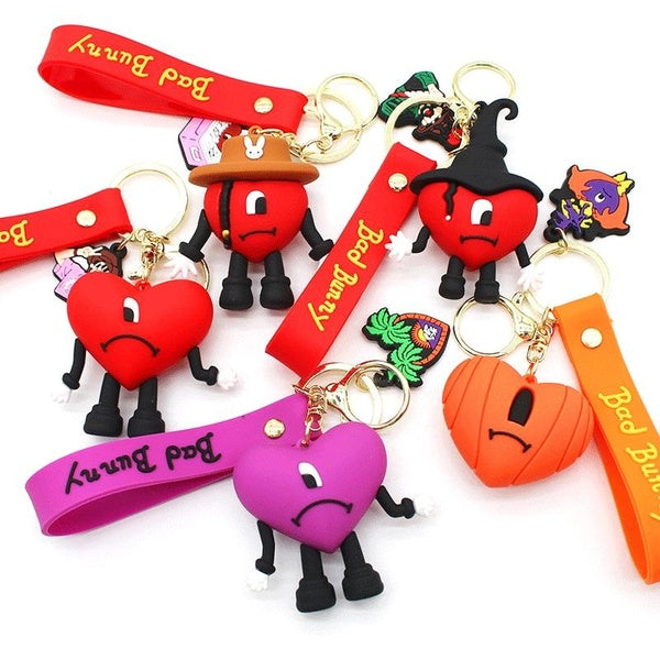 1pcs fashion cute bad bunny heart keychain keyring for women men rubber car keychain Accessories Key Holder Key Gift for Kids Jewelry Matron Inn