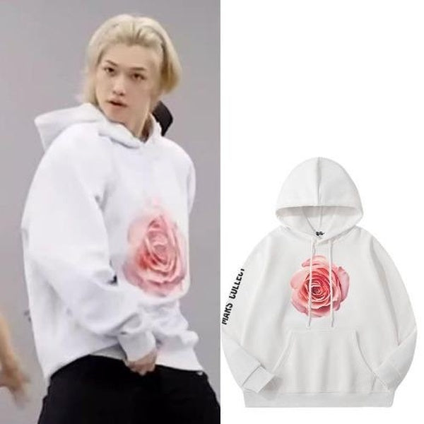 KPOP StrayKids Felix Practice Dancing Printing Rose Print Hooded Clothing the Same Pullover Sweater Men and Women's Hoodie