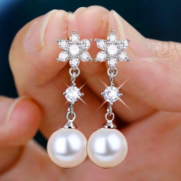 Boucles d'oreilles de mariage élégantes, zircone cubique, fleur, perle, pendantes, bijoux pour femmes