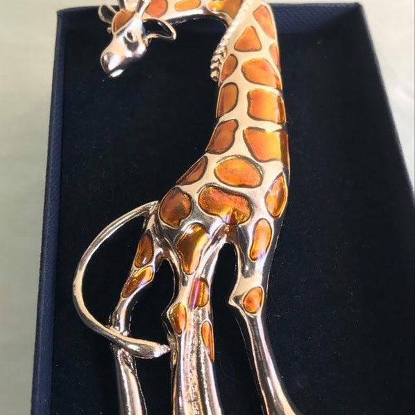 Superbe pendentif BROCHE GIRAFE en or et émail orange de style Art déco extra large