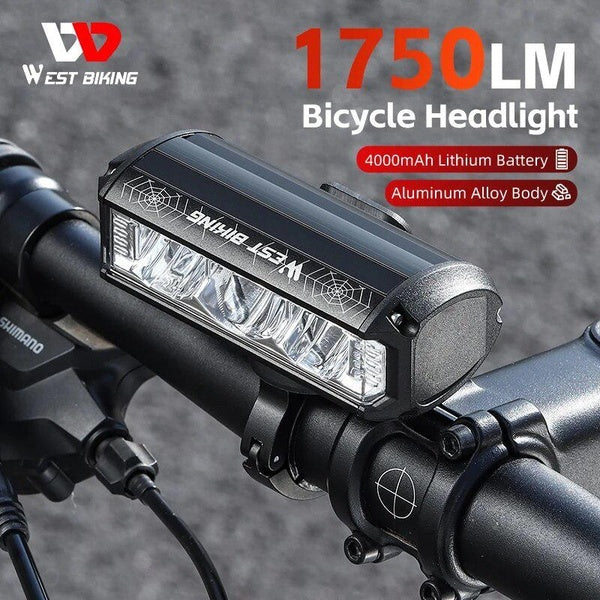 WEST BIKING High Brightness Bicycle Light 1750 Lumen IPX4 Waterproof Type-C Charging Cycling LED Flashlight MTB Road Bike Light