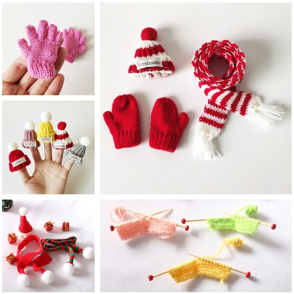 Handmade Mini Wool Hat-Scarf-Gloves-Christmas Hat-Knitting Sweater Model Creative Doll House Accessories