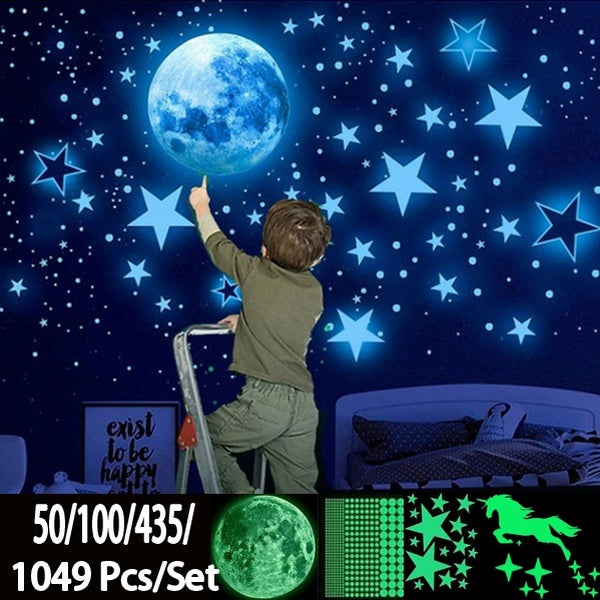 Luminous Moon Stars Dots Wall Sticker Kids Room Bedroom Living Room Home Decoration Decals Glow In The Dark Stickers(50-100-435-1049 Pcs-Set)