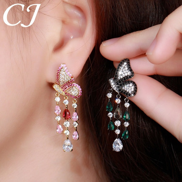 CANDICE Hot Sale Symmetrical Butterfly Crystal Long Water Drop Tassel Dangle Earrings Women CZ Temperament Jewellery