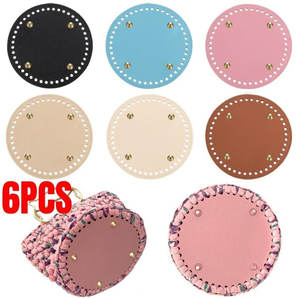 6PCS 15x15cm Round PU Leather Bag Bottom for Knitting Crochet Bags Bottom Shaper Pad Hand-woven Bag Cushion Base with Holes for DIY Handbag Shoulder