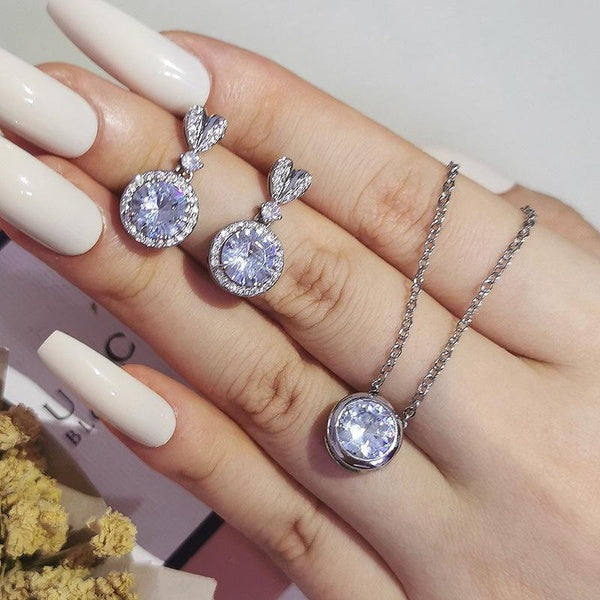 Cute Gorgeous New Retro Silver Designer Engagement Marriage Stud Earrings Round Pendant Necklace Jewelry Set for Women Tarnish Free Fine Jewellery Bi