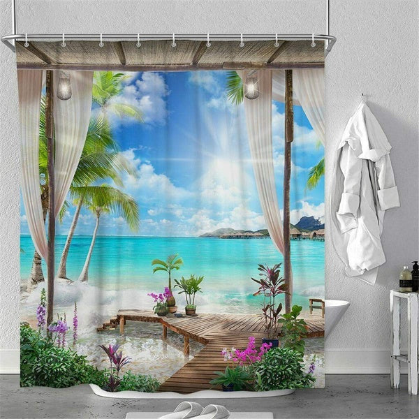 3D Sunny Beach Printed Shower Curtain Sea Scenery Bath Screen Waterproof Bathroom Curtains