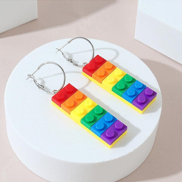 Creative Toy Brick Earrings, Fashionable Rainbow Building Block Earrings, Exaggerated Lego Drop Earrings,Charm jewelry