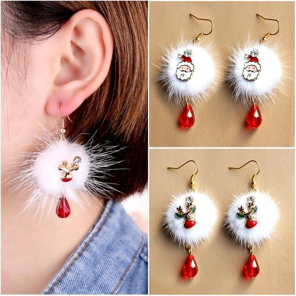 1Pair Fashion Santa Claus Plum Fawn White Pompon Red Crystal Christmas Earrings Accessories Matron Inn