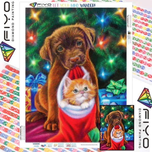 FIYO Christmas Dog DIY 5D Diamond Painting Full Drill with Number Kits Home and Kitchen Fashion Mosaic Diamond Painting Canvas Wall Decoration Gift C