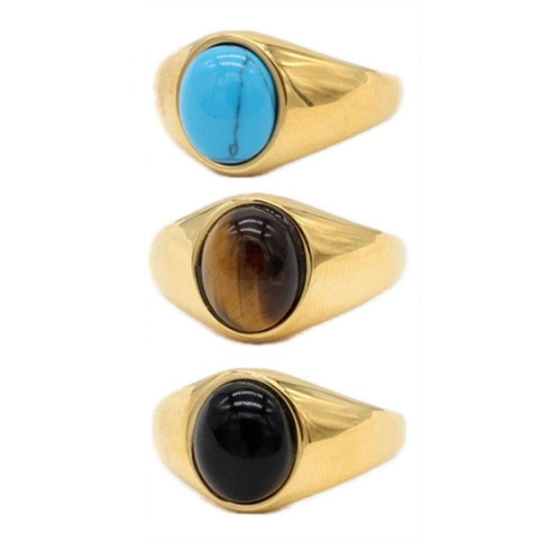 Women Men Plain Simple Style Charm Classical Elliplic Oval Blue Turquoise - Brown Tiger's Eye - Black Agate Stone Inlay High Polish Stainless Steel R