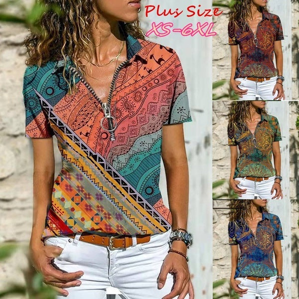 Women's Fashion Casual Short Sleeved Floral Printed Shirts Front Zipper V-neck Comfy and Pliability Shirt & Blouses Tops