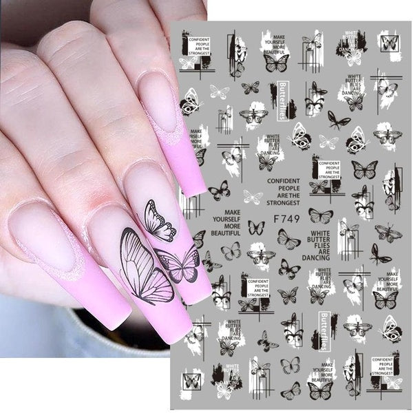 New nail sticker ins black and white butterfly punk style letter art line 3D back glue nail patch