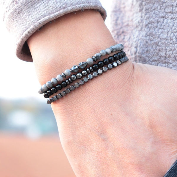 3 Pcs-Set 4mm Small Stone Beads Skull Bracelet Handmade Hematite Mens Braslet Set For Male Personalized Jewelry Homme Pulsera