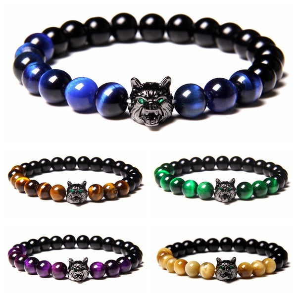 Wolf head Natural Black Onyx with Tiger Eye Beads bracelet for Men Women health Elastic bracelet brave lucky jewelry gifts