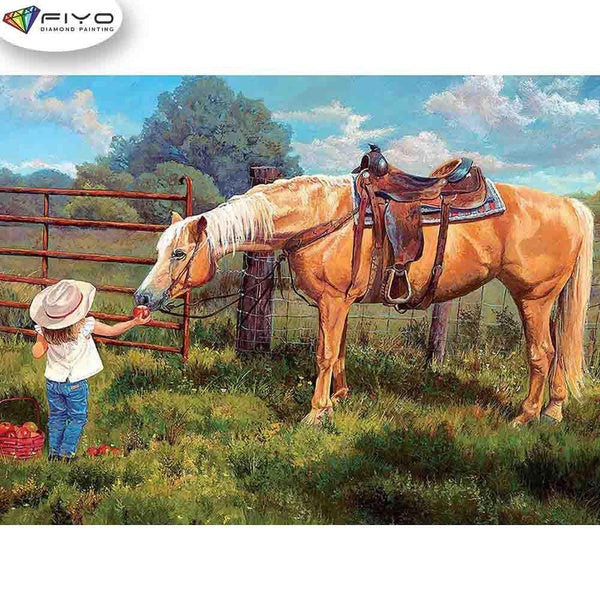 FIYO Horse and Girl DIY 5D Diamond Painting Full Drill with Number Kits Home and Kitchen Fashion Mosaic Diamond Painting Canvas Wall Decoration Gift