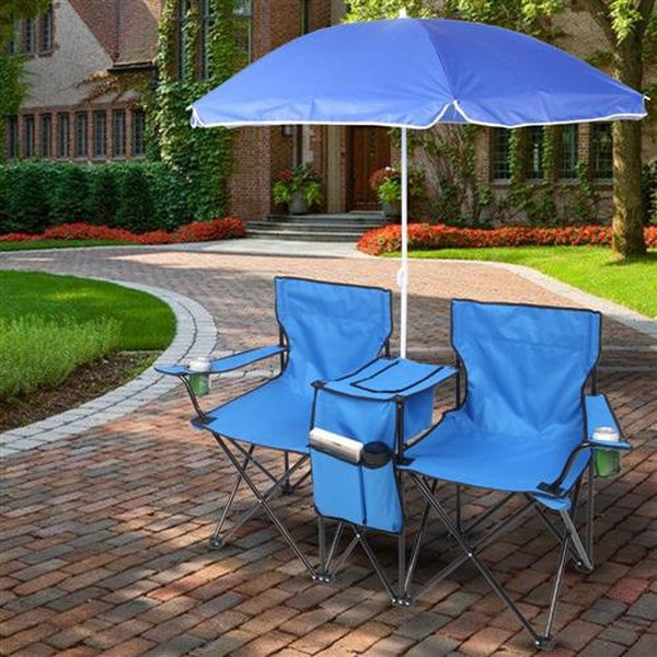 Portable 2-Seat Folding Chair with Removable Sun Umbrella Blue for Outdoor Activities（Cannot Ship To POBOX)