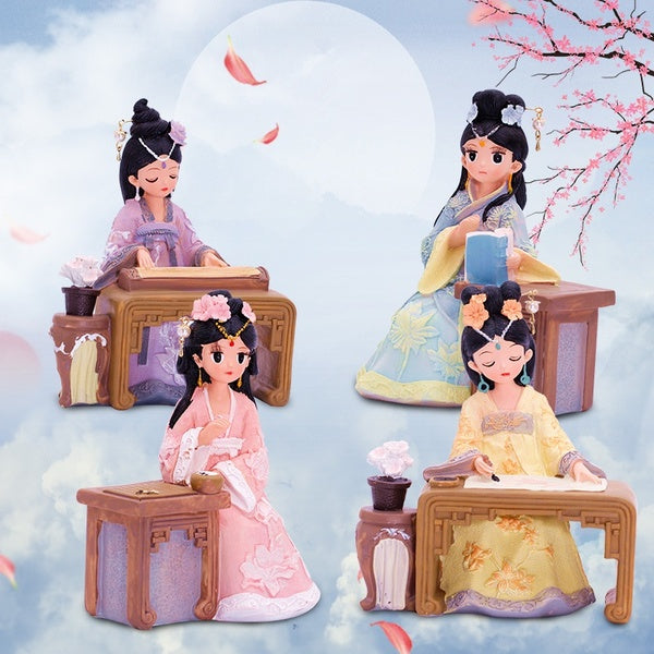 Ancient Chinese Girl in Hanfu Playing Guzheng-Chess-Reading-Drawing Princess Doll Resin Desk Ornament Handcrafts Birthday Gift For Girls